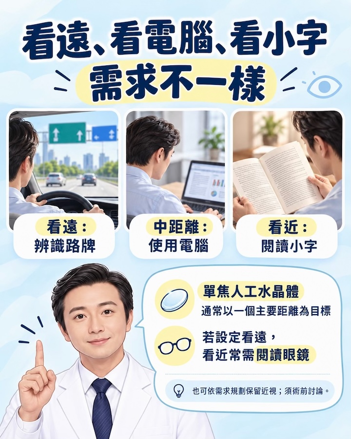 白內障手術後,為什麼還需要戴眼鏡? 看遠看近需求不同